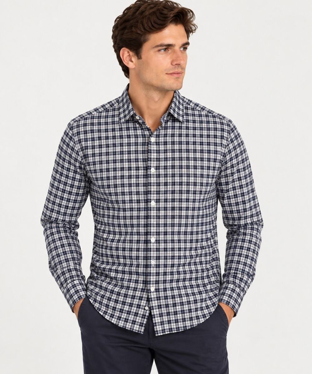 Theory Zack PS Frisco Mens M Navy White Plaid Button Down Shirt Cotton Lycra